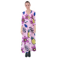 Flowers Petals Pineapples Fruit Button Up Maxi Dress