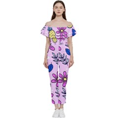 Flowers Petals Pineapples Fruit Bardot Ruffle Jumpsuit