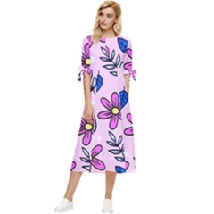 Flowers Petals Pineapples Fruit Bow Sleeve Chiffon Midi Dress