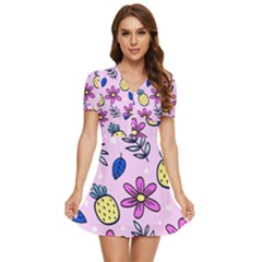 Flowers Petals Pineapples Fruit V-neck High Waist Chiffon Mini Dress