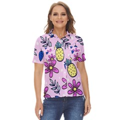 Flowers Petals Pineapples Fruit Women s Short Sleeve Double Pocket Shirt