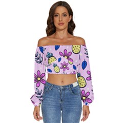 Flowers Petals Pineapples Fruit Long Sleeve Crinkled Weave Crop Top by Maspions