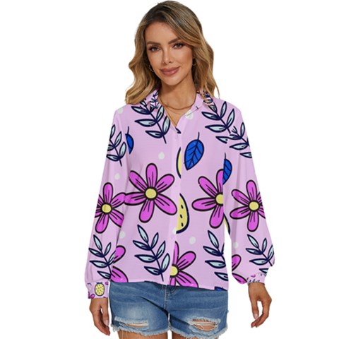 Flowers Petals Pineapples Fruit Women s Long Sleeve Button Up Shirt by Maspions