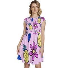 Flowers Petals Pineapples Fruit Cap Sleeve High Waist Dress