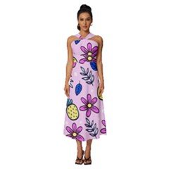 Flowers Petals Pineapples Fruit Sleeveless Cross Front Cocktail Midi Chiffon Dress