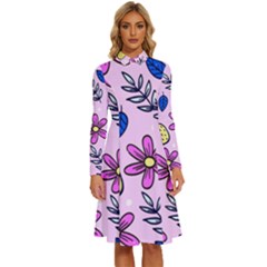 Flowers Petals Pineapples Fruit Long Sleeve Shirt Collar A-line Dress