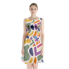 Abstract Pattern Background Sleeveless Waist Tie Chiffon Dress