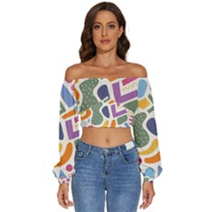 Abstract Pattern Background Long Sleeve Crinkled Weave Crop Top