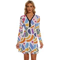 Abstract Pattern Background Long Sleeve Deep V Mini Dress 