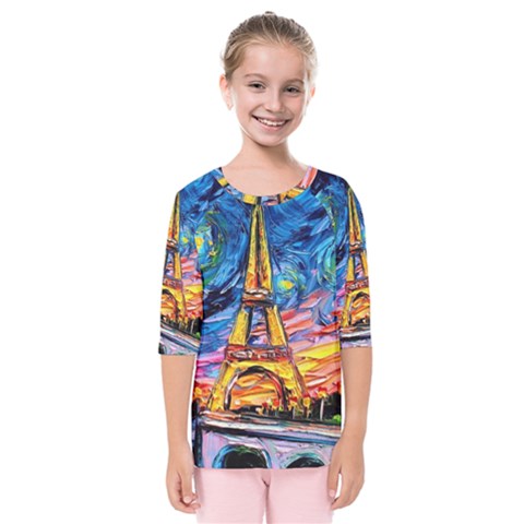 Eiffel Tower Starry Night Print Van Gogh Kids  Quarter Sleeve Raglan T-shirt by Maspions