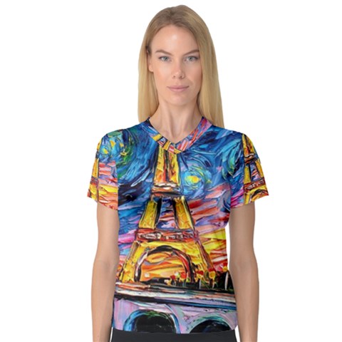 Eiffel Tower Starry Night Print Van Gogh V-neck Sport Mesh T-shirt by Maspions