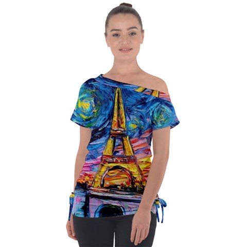 Eiffel Tower Starry Night Print Van Gogh Off Shoulder Tie-up T-shirt by Maspions