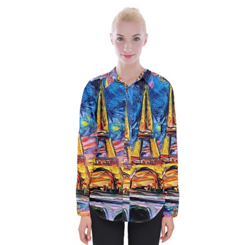 Eiffel Tower Starry Night Print Van Gogh Womens Long Sleeve Shirt by Maspions