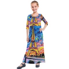 Eiffel Tower Starry Night Print Van Gogh Kids  Quarter Sleeve Maxi Dress by Maspions