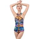 Eiffel Tower Starry Night Print Van Gogh Cross Front Low Back Swimsuit View1