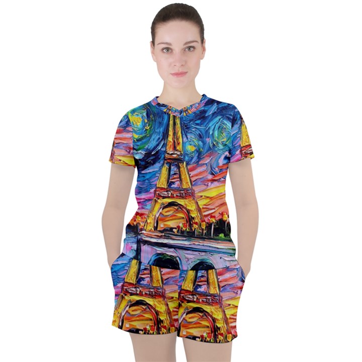 Eiffel Tower Starry Night Print Van Gogh Women s T-Shirt and Shorts Set