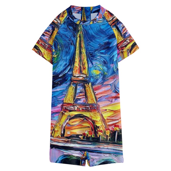 Eiffel Tower Starry Night Print Van Gogh Kids  Boyleg Half Suit Swimwear