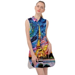 Eiffel Tower Starry Night Print Van Gogh Sleeveless Shirt Dress