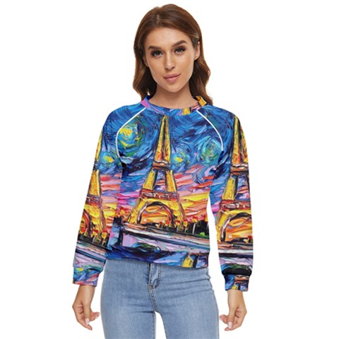 Eiffel Tower Starry Night Print Van Gogh Women s Long Sleeve Raglan T-shirt by Maspions