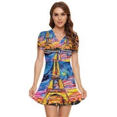 Eiffel Tower Starry Night Print Van Gogh V-neck High Waist Chiffon Mini Dress by Maspions