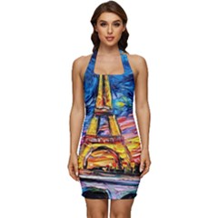 Eiffel Tower Starry Night Print Van Gogh Sleeveless Wide Square Neckline Ruched Bodycon Dress by Maspions