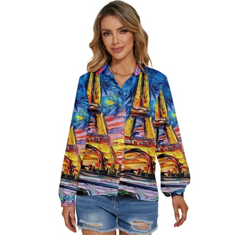 Eiffel Tower Starry Night Print Van Gogh Women s Long Sleeve Button Up Shirt by Maspions