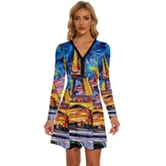 Eiffel Tower Starry Night Print Van Gogh Long Sleeve Deep V Mini Dress  by Maspions