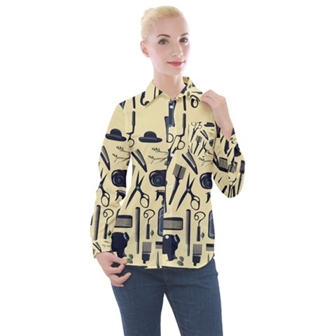 Elegant Hairdresser Pattern Cream Women s Long Sleeve Pocket Shirt by TetiBright