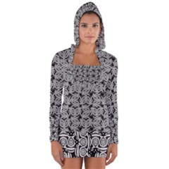 Ethnic Symbols Motif Black And White Pattern Long Sleeve Hooded T-shirt by dflcprintsclothing