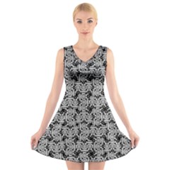 Ethnic Symbols Motif Black And White Pattern V-neck Sleeveless Dress by dflcprintsclothing