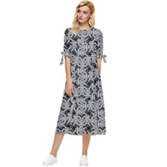 Ethnic Symbols Motif Black And White Pattern Bow Sleeve Chiffon Midi Dress by dflcprintsclothing