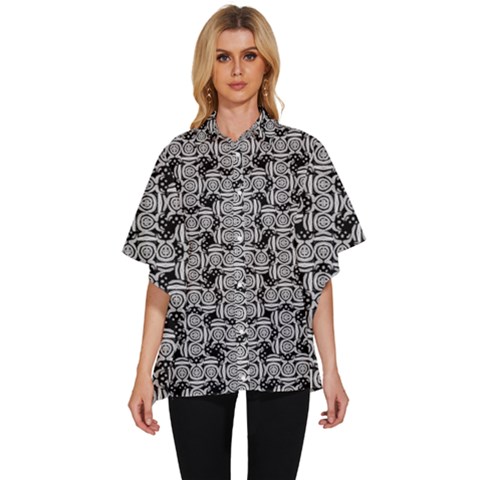 Ethnic Symbols Motif Black And White Pattern Women s Batwing Button Up Shirt by dflcprintsclothing