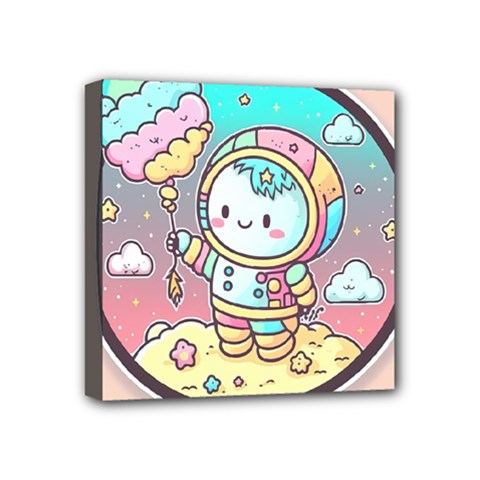 Boy Astronaut Cotton Candy Childhood Fantasy Tale Literature Planet Universe Kawaii Nature Cute Clou Mini Canvas 4  X 4  (stretched) by Maspions