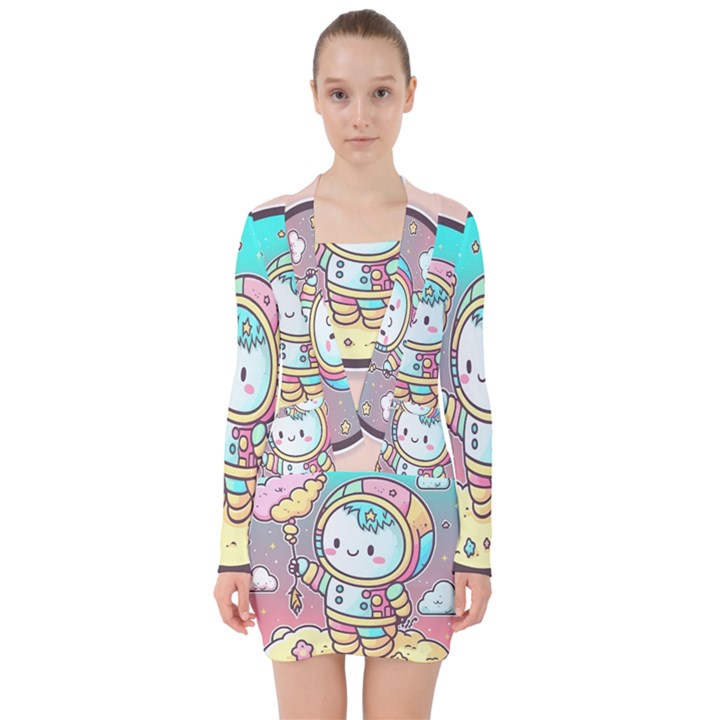 Boy Astronaut Cotton Candy Childhood Fantasy Tale Literature Planet Universe Kawaii Nature Cute Clou V-neck Bodycon Long Sleeve Dress