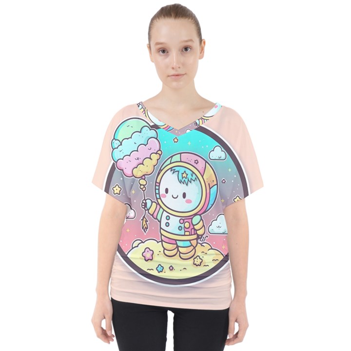 Boy Astronaut Cotton Candy Childhood Fantasy Tale Literature Planet Universe Kawaii Nature Cute Clou V-Neck Dolman Drape Top