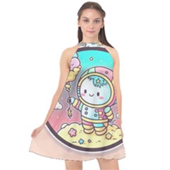 Boy Astronaut Cotton Candy Childhood Fantasy Tale Literature Planet Universe Kawaii Nature Cute Clou Halter Neckline Chiffon Dress  by Maspions