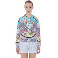 Boy Astronaut Cotton Candy Childhood Fantasy Tale Literature Planet Universe Kawaii Nature Cute Clou Women s Tie Up Sweat