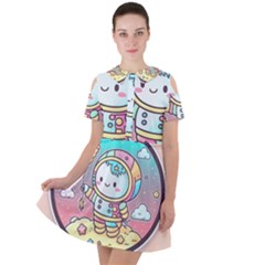 Boy Astronaut Cotton Candy Childhood Fantasy Tale Literature Planet Universe Kawaii Nature Cute Clou Short Sleeve Shoulder Cut Out Dress  by Maspions