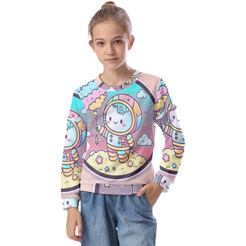 Boy Astronaut Cotton Candy Childhood Fantasy Tale Literature Planet Universe Kawaii Nature Cute Clou Kids  Long Sleeve T-shirt With Frill  by Maspions