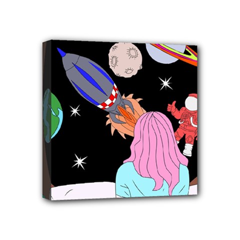 Girl Bed Space Planets Spaceship Rocket Astronaut Galaxy Universe Cosmos Woman Dream Imagination Bed Mini Canvas 4  X 4  (stretched) by Maspions