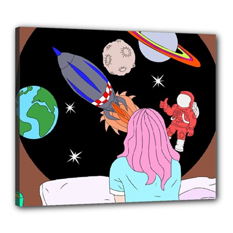 Girl Bed Space Planets Spaceship Rocket Astronaut Galaxy Universe Cosmos Woman Dream Imagination Bed Canvas 24  X 20  (stretched) by Maspions