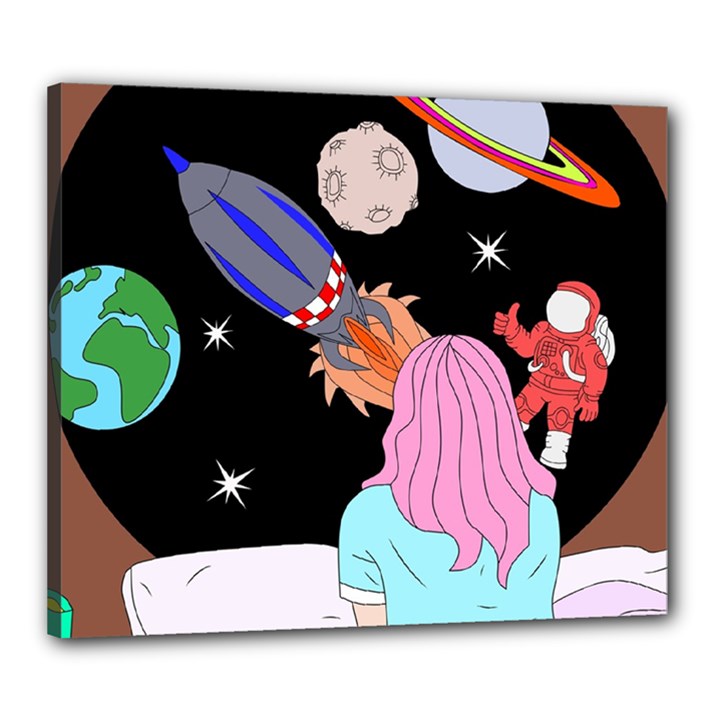 Girl Bed Space Planets Spaceship Rocket Astronaut Galaxy Universe Cosmos Woman Dream Imagination Bed Canvas 24  x 20  (Stretched)