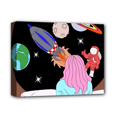 Girl Bed Space Planets Spaceship Rocket Astronaut Galaxy Universe Cosmos Woman Dream Imagination Bed Deluxe Canvas 14  X 11  (stretched)