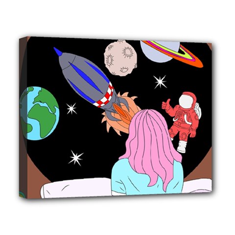 Girl Bed Space Planets Spaceship Rocket Astronaut Galaxy Universe Cosmos Woman Dream Imagination Bed Deluxe Canvas 20  X 16  (stretched) by Maspions