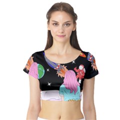 Girl Bed Space Planets Spaceship Rocket Astronaut Galaxy Universe Cosmos Woman Dream Imagination Bed Short Sleeve Crop Top