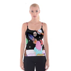 Girl Bed Space Planets Spaceship Rocket Astronaut Galaxy Universe Cosmos Woman Dream Imagination Bed Spaghetti Strap Top by Maspions