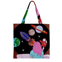 Girl Bed Space Planets Spaceship Rocket Astronaut Galaxy Universe Cosmos Woman Dream Imagination Bed Zipper Grocery Tote Bag by Maspions