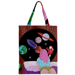 Girl Bed Space Planets Spaceship Rocket Astronaut Galaxy Universe Cosmos Woman Dream Imagination Bed Zipper Classic Tote Bag by Maspions