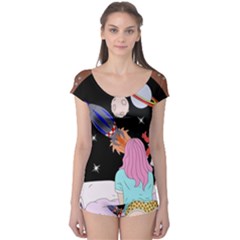 Girl Bed Space Planets Spaceship Rocket Astronaut Galaxy Universe Cosmos Woman Dream Imagination Bed Boyleg Leotard 