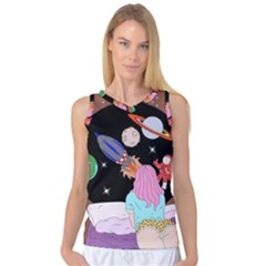 Girl Bed Space Planets Spaceship Rocket Astronaut Galaxy Universe Cosmos Woman Dream Imagination Bed Women s Basketball Tank Top